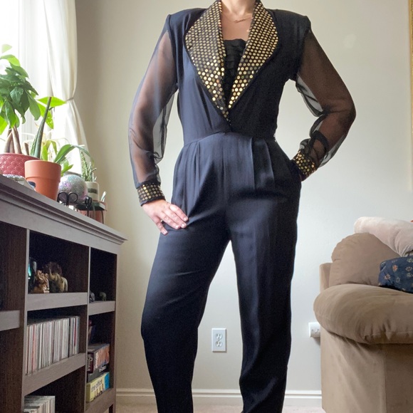 Vintage Pants - 80s Gold & Black Sparkle Jumpsuit VINTAGE